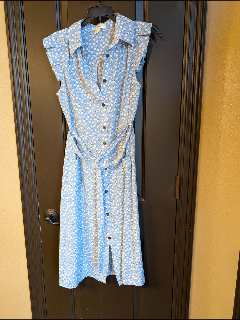 Light Blue Floral Button-Front Sleeveless Dress